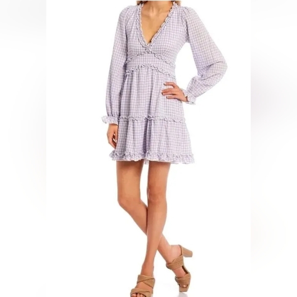 Allison + Kelly Dresses & Skirts - Allison + Kelly Long Sleeve Ruffle Trim Gingham Fit And Flare Lavender Dress.